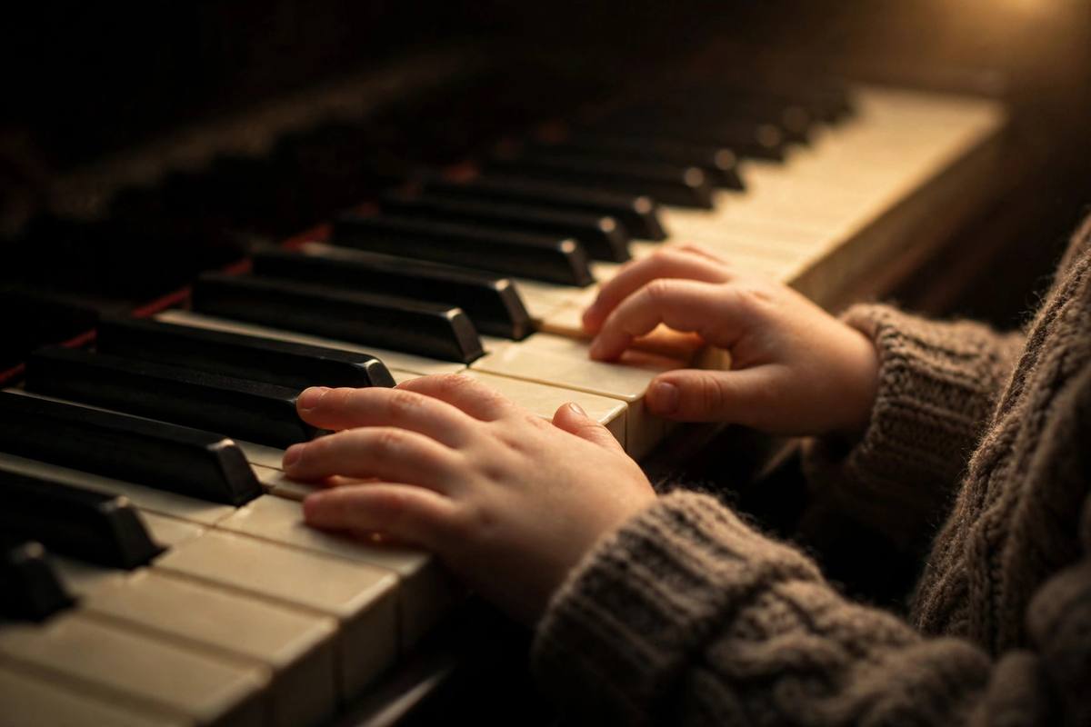 A child's hands playing a grand piano, close up on the keys