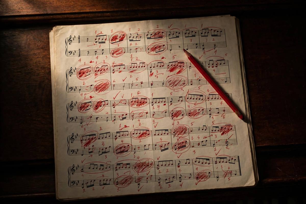 Piano sheet music marked up with red pencil corrections